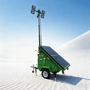 Tractive solar-powered LED light tower with lifting mast